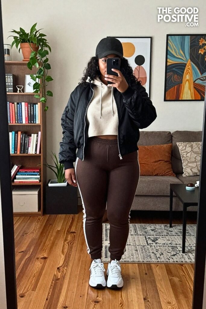 Mocha Track Pants, Cropped Hoodie, Bomber Jacket, and Sneakers