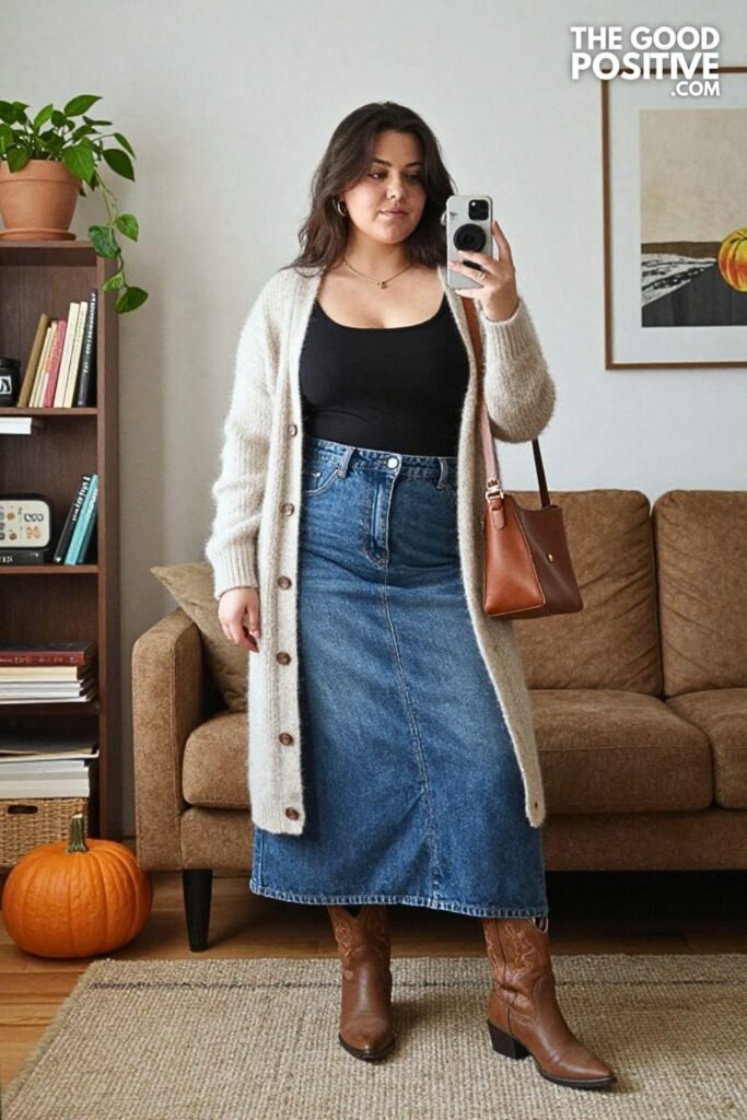 Mohair Cardigan with Denim Maxi Skirt and Western Boots