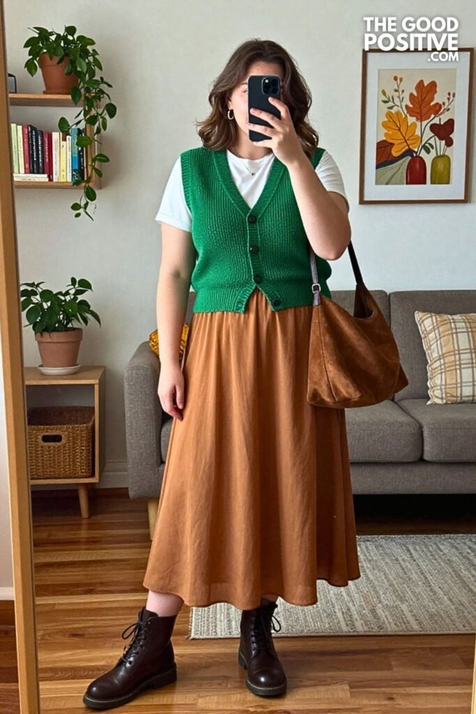 Moss Green Funnel Neck Vest with Caramel Gauze Maxi Skirt