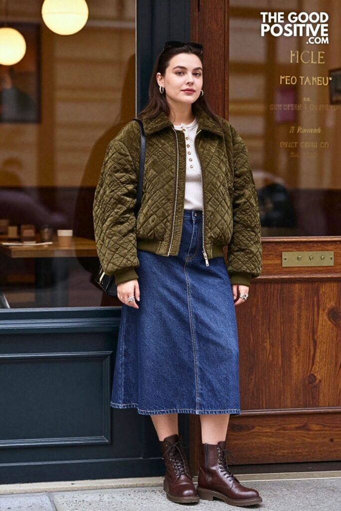 Moss Quilted Bomber with Pleated Denim Midi Skirt