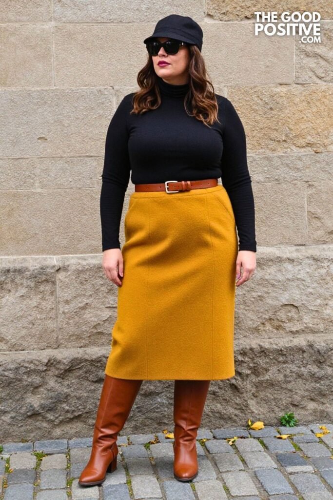 Mustard Wool Midi Skirt, Black Fitted Turtleneck, Leather Belt