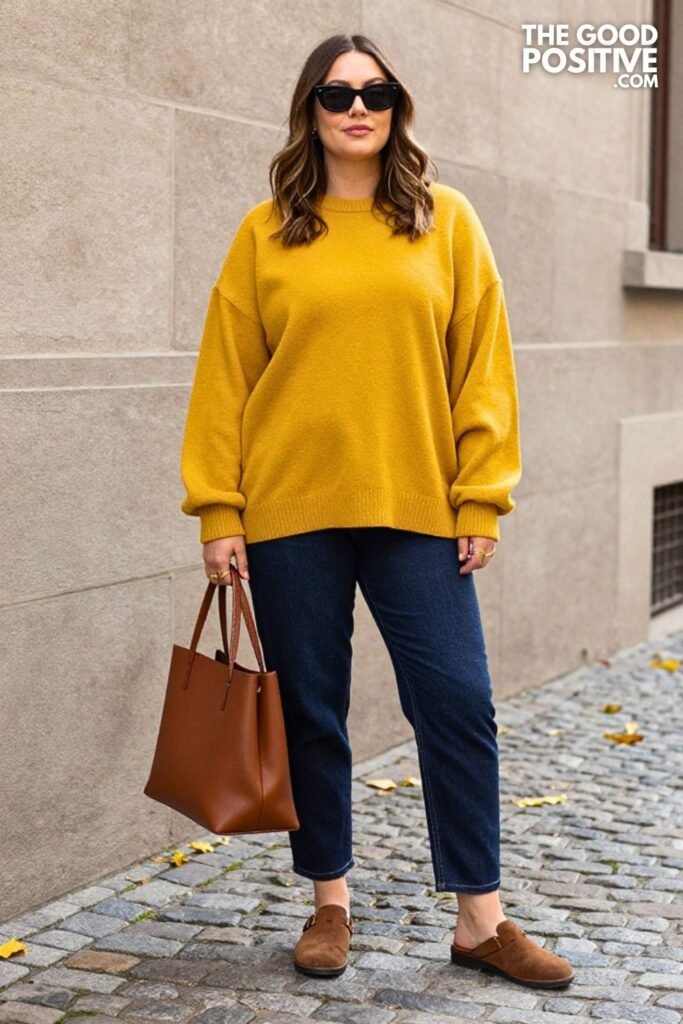 Mustard Yellow Fleece Pullover, Dark Wash Barrel Leg Jeans, Brown Mules