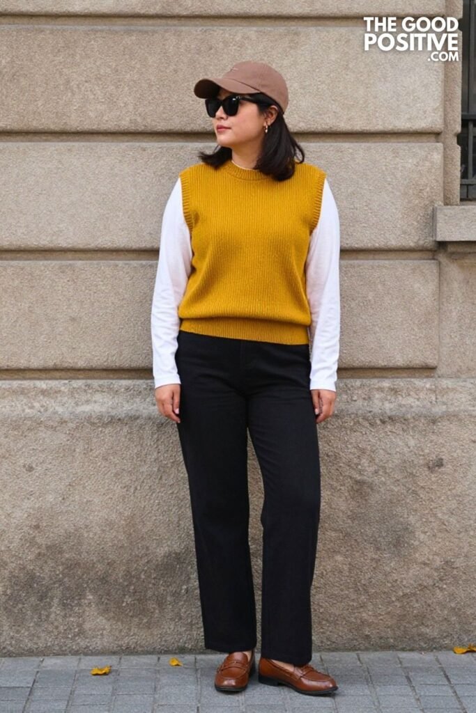 Mustard Yellow Sweater Vest, White Long-Sleeve Shirt, Straight Leg Trousers, and Loafers