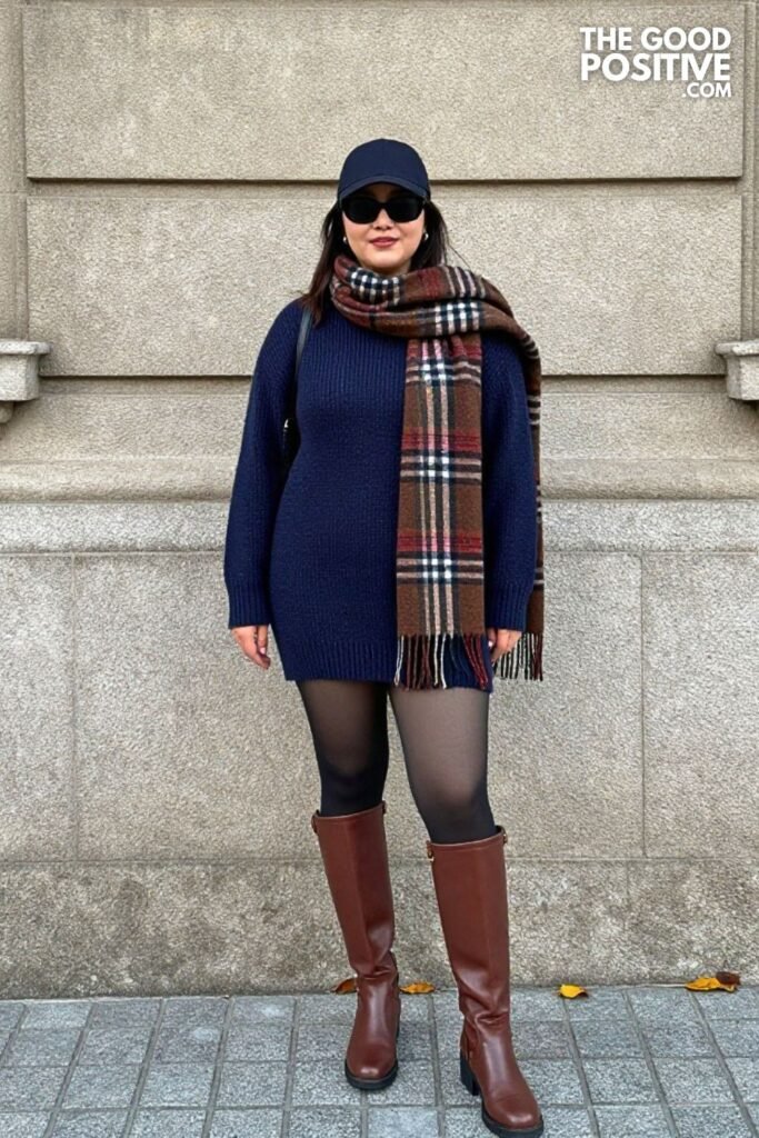 Navy Blue Sweater Dress, Sheer Tights, Tall Riding Boots, and Plaid Scarf