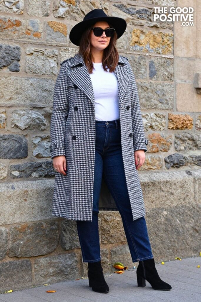 Navy Houndstooth Trench Coat, Fitted Jeans, Block-Heel Boots