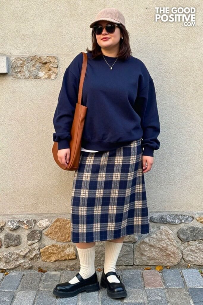 Navy Oversized Crewneck Sweatshirt, Plaid Midi Skirt, Knee-High Socks, Mary Janes
