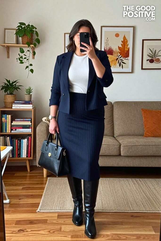 Navy Pinstripe Wool Midi Skirt with Cropped Blazer and Tall Black Boots
