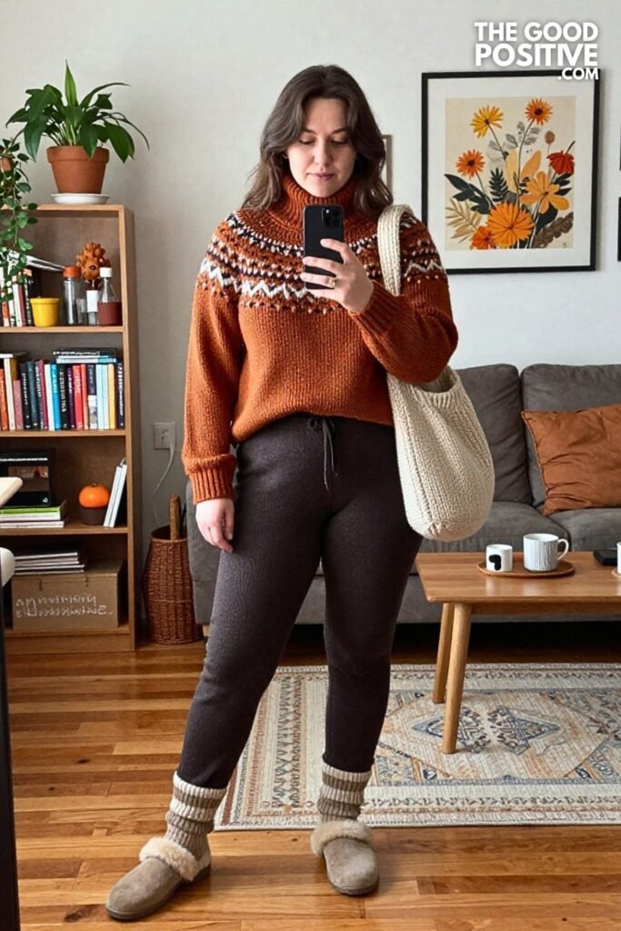 Nordic Turtleneck Sweater with Brushed Knit Pants and Shearling Clogs