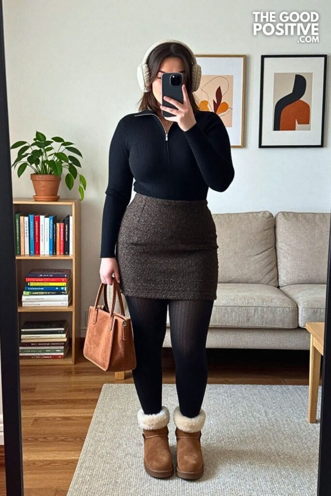 Oatmeal Bouclé Mini Skirt with Zip Knit and Shearling Boots