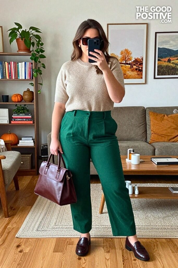 Oatmeal Short Sleeve Sweater with Forest Green Pintuck Trousers