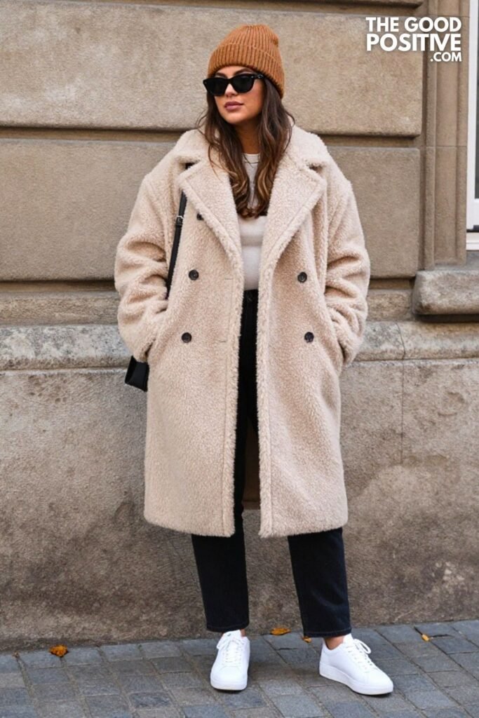 Oatmeal Teddy Bear Coat, Black Straight Jeans, White Sneakers, Beanie
