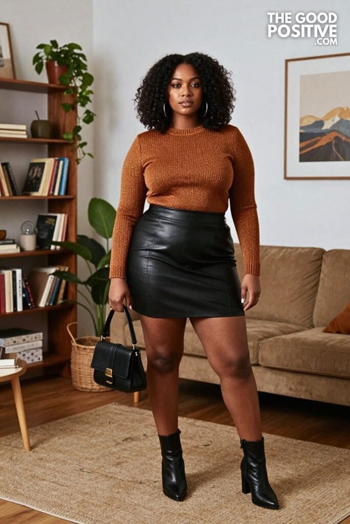 Ochre Shimmer Knit Top, Leather Mini Skirt, and Heeled Boots