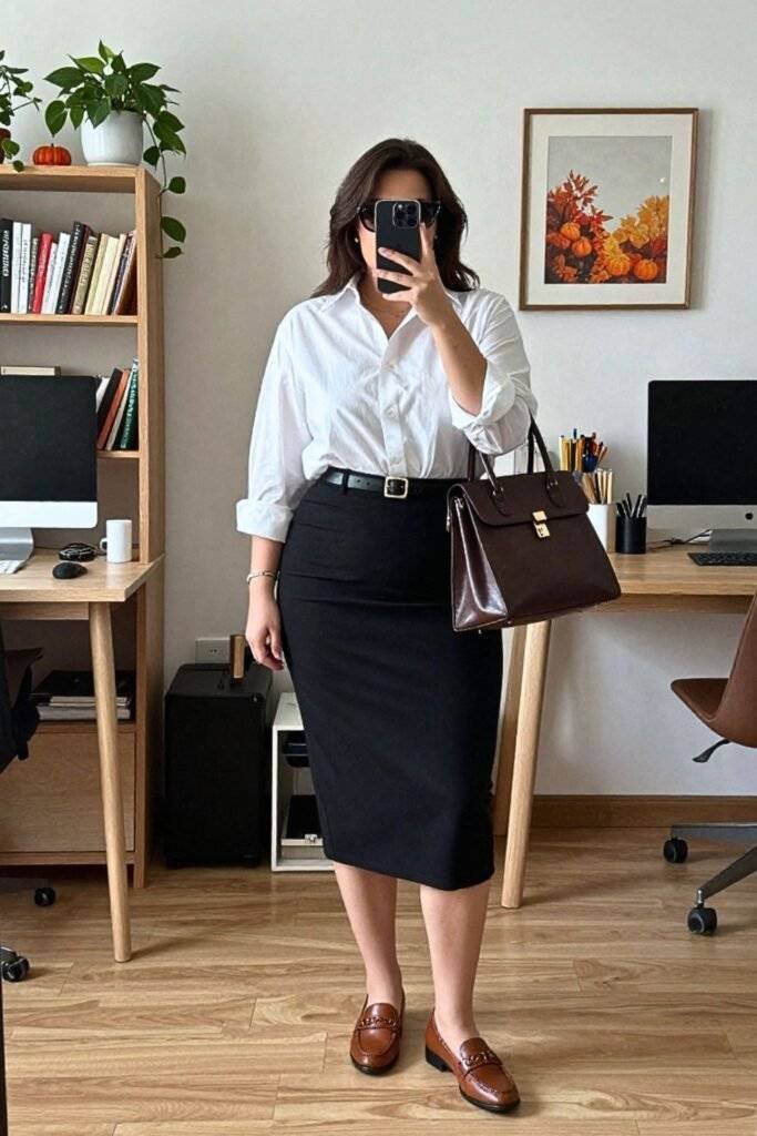 Button-Down with Pencil Skirt and Loafers