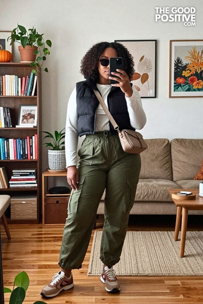 Olive Cargo Jumpsuit, Cropped Puffer Vest, and Retro Sneakers