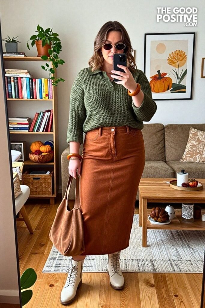 Olive Crochet Polo with Cinnamon A-Line Denim Skirt