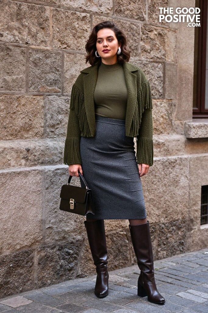Olive Fringe Knit Jacket with Structured Column Skirt