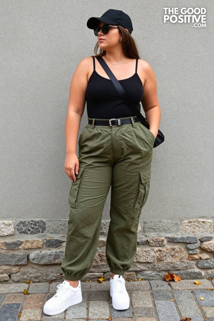 Olive Green Cargo Pants, Black Ribbed Bodysuit, Chunky Sneakers