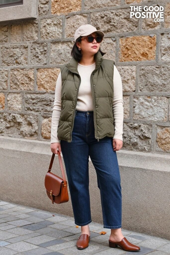 Olive Green Quilted Vest, Cream Ribbed Longsleeved Top, Barrel Leg Jeans, and Mules
