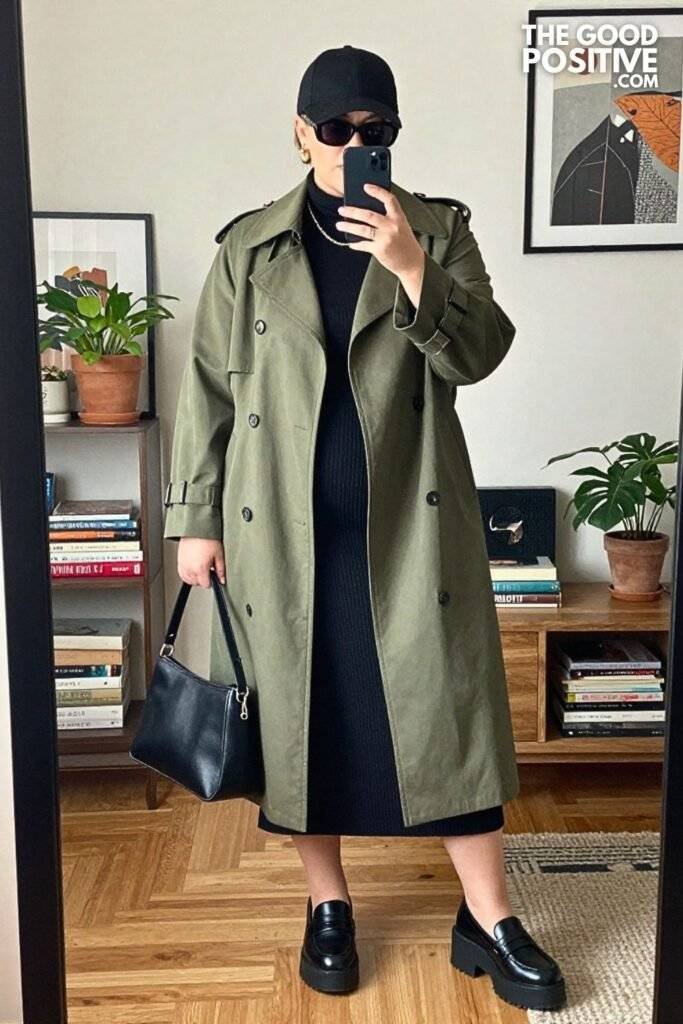 Olive Green Trench Coat With Black Ribbed Midi Skirt and Platform Loafers