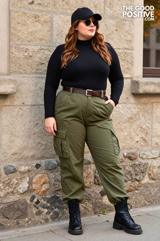 Olive Utility Jumpsuit, Fitted Longline Turtleneck Underneath, Combat Boots