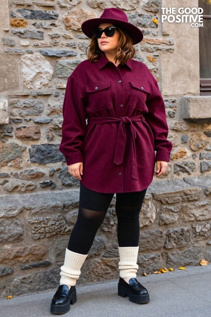 Oversized Burgundy Flannel Shirt, Biker Shorts, Knee-High Socks, Loafers
