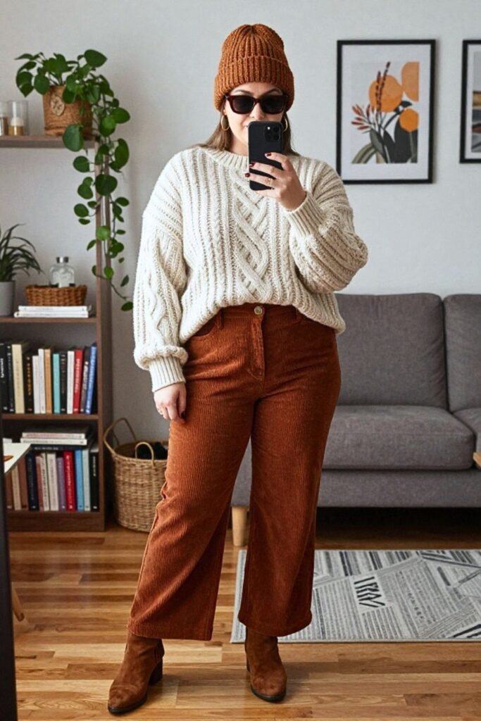 Oversized Cable Knit Sweater with Wide-Leg Corduroy Pants