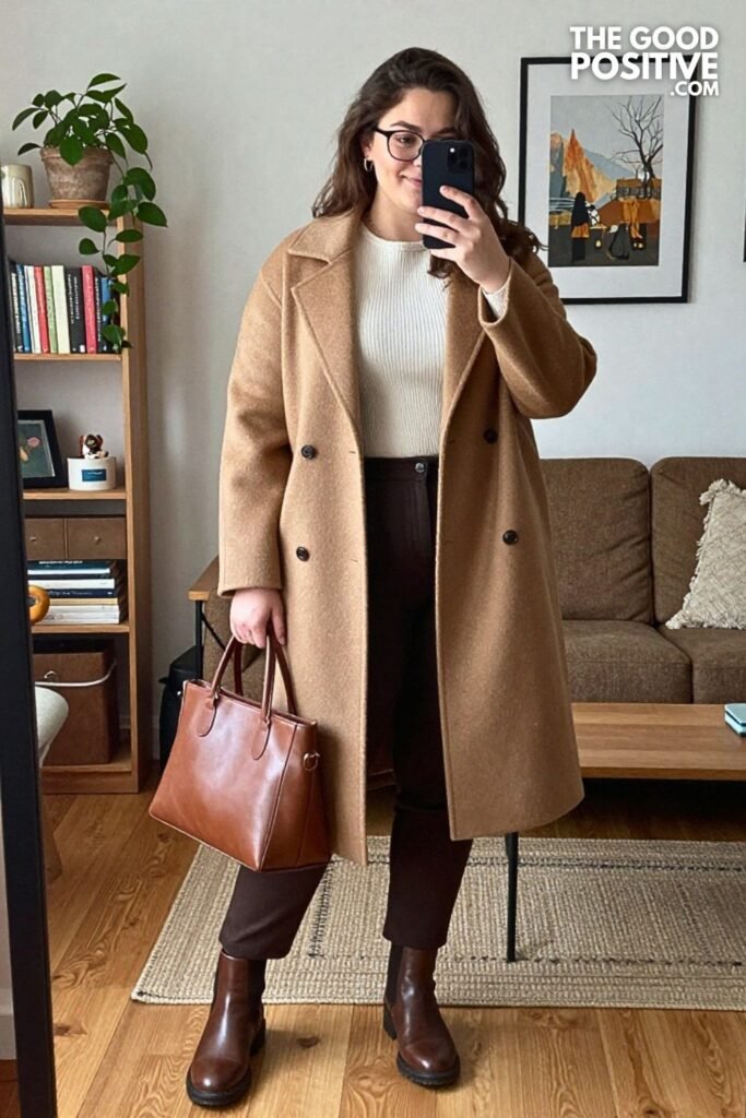 Oversized Cocoon Coat, Ribbed Top, and Slim Trousers