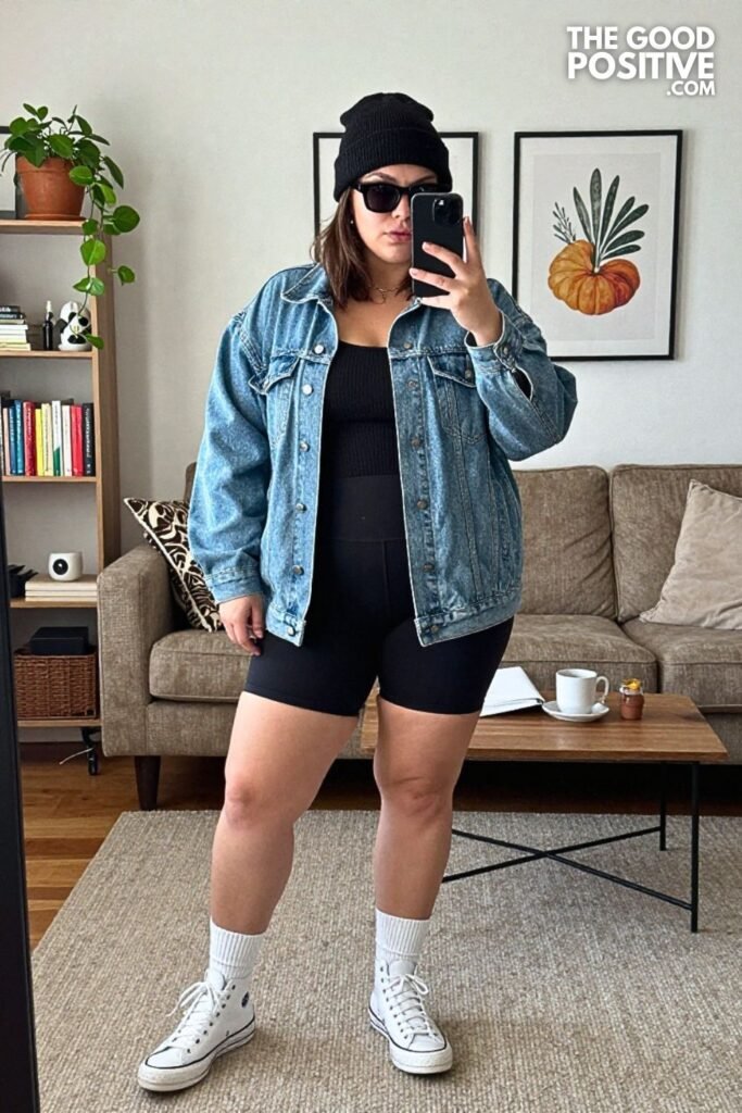 Oversized Denim Shacket, Bike Shorts and High-Top Sneakers