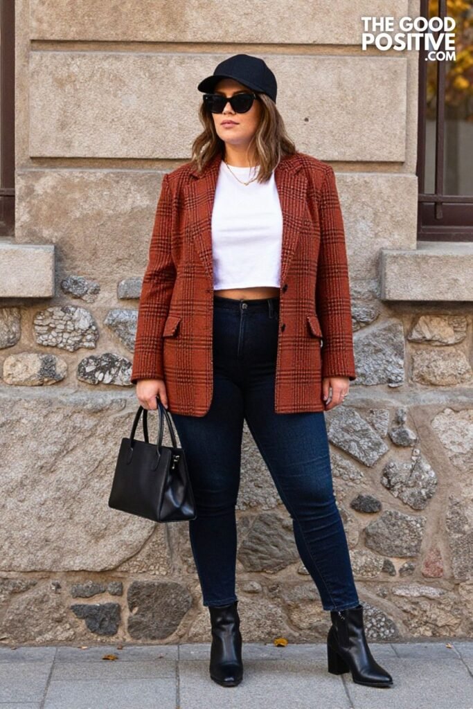 Oversized Plaid Blazer, Dark Skinny Jeans, Cropped White Tee, and Heeled Ankle Boots