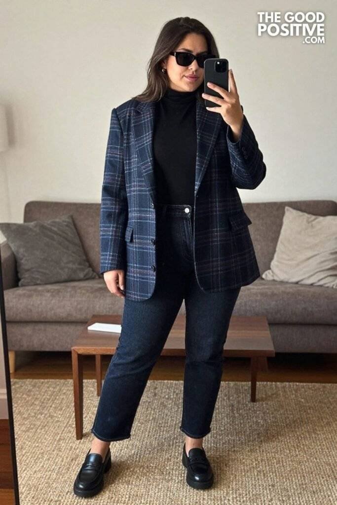 Oversized Plaid Blazer With Straight-Leg Jeans and Fitted Turtleneck