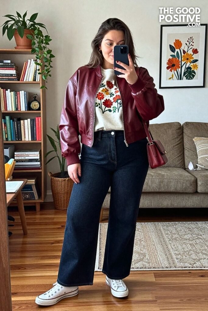 Oxblood Leather Bomber, Graphic Sweatshirt, and Wide Leg Jeans