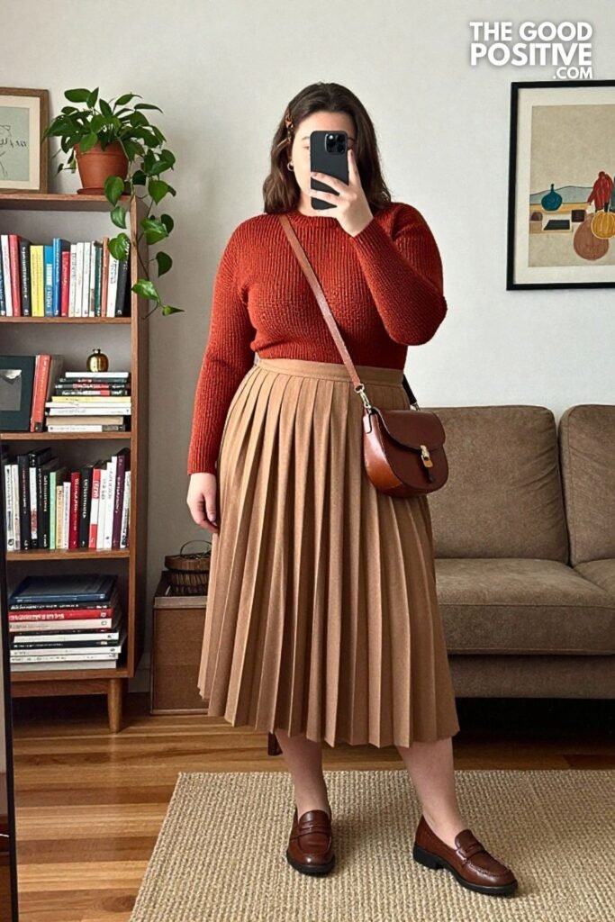 Oxblood Sweater, Pleated Midi Skirt, and Loafers