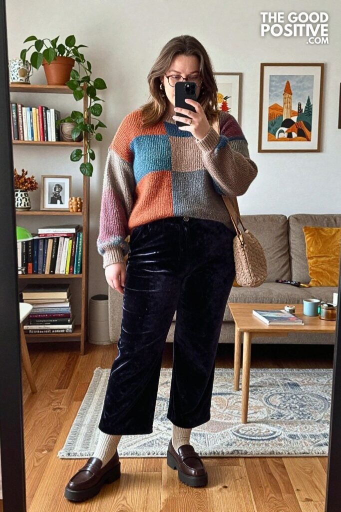 Patchwork Knit Sweater with Velvet Trousers and Platform Loafers