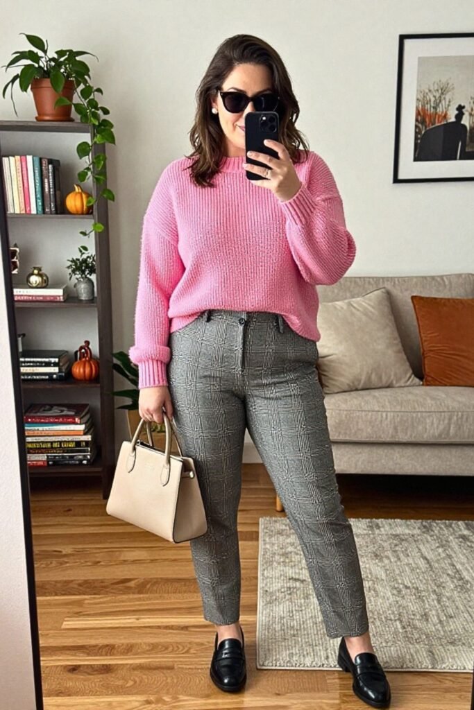 Pink Knit Sweater with Plaid Trousers