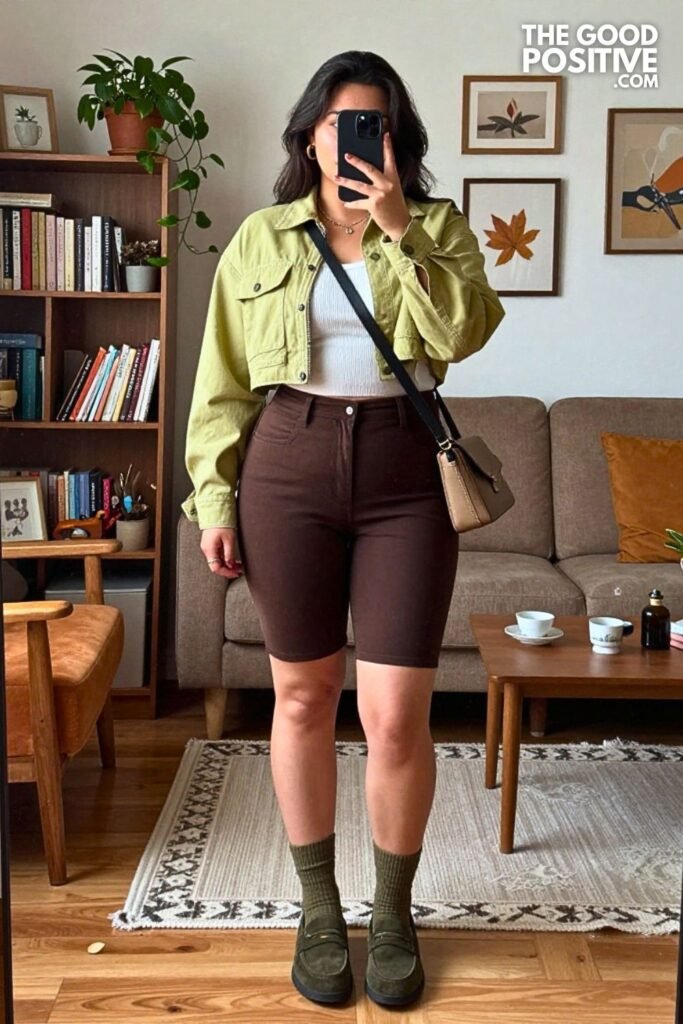 Pistachio Utility Shacket with Chocolate Bermuda Shorts
