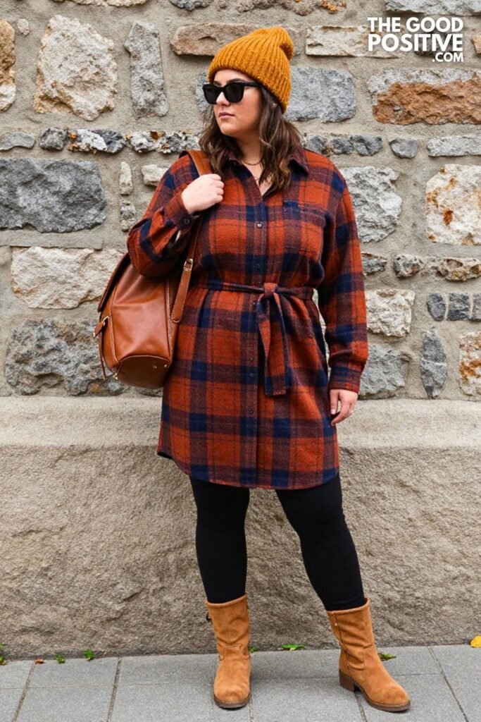Plaid Oversized Shirt Dress, Fleece-Lined Leggings, Knee-High Boots