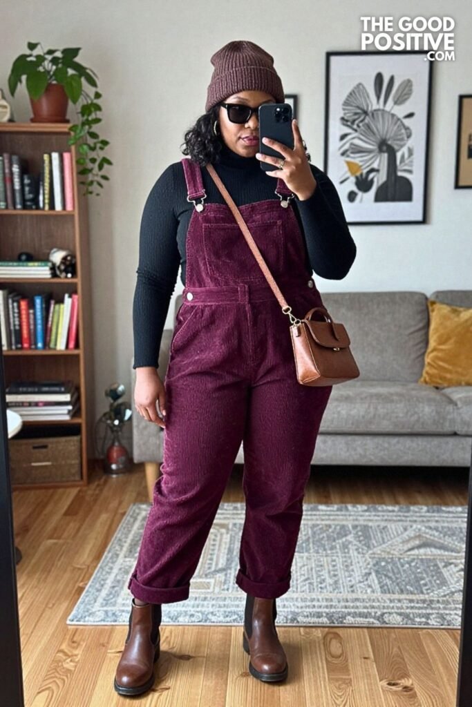 Plum Corduroy Overalls, Ribbed Turtleneck, and Chelsea Boots