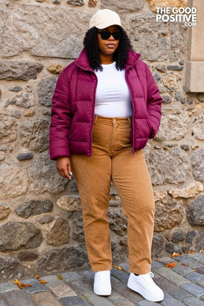 Plum Quilted Jacket, Straight-Leg Cords, Chunky Sneakers
