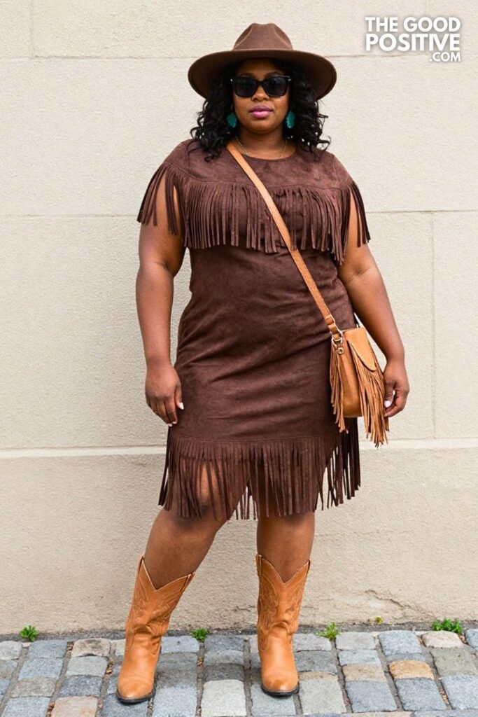 Plus Size Brown Faux Suede Dress With Fringe Details And Booties Outfit