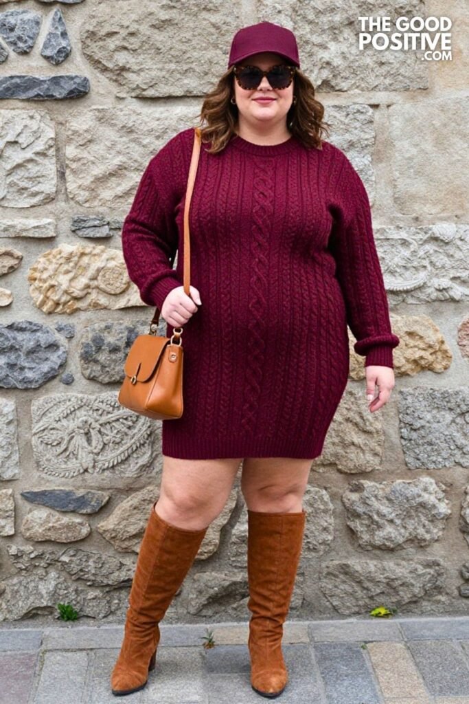 Plus Size Burgundy Sweater Dress With Thigh-High Boots Outfit