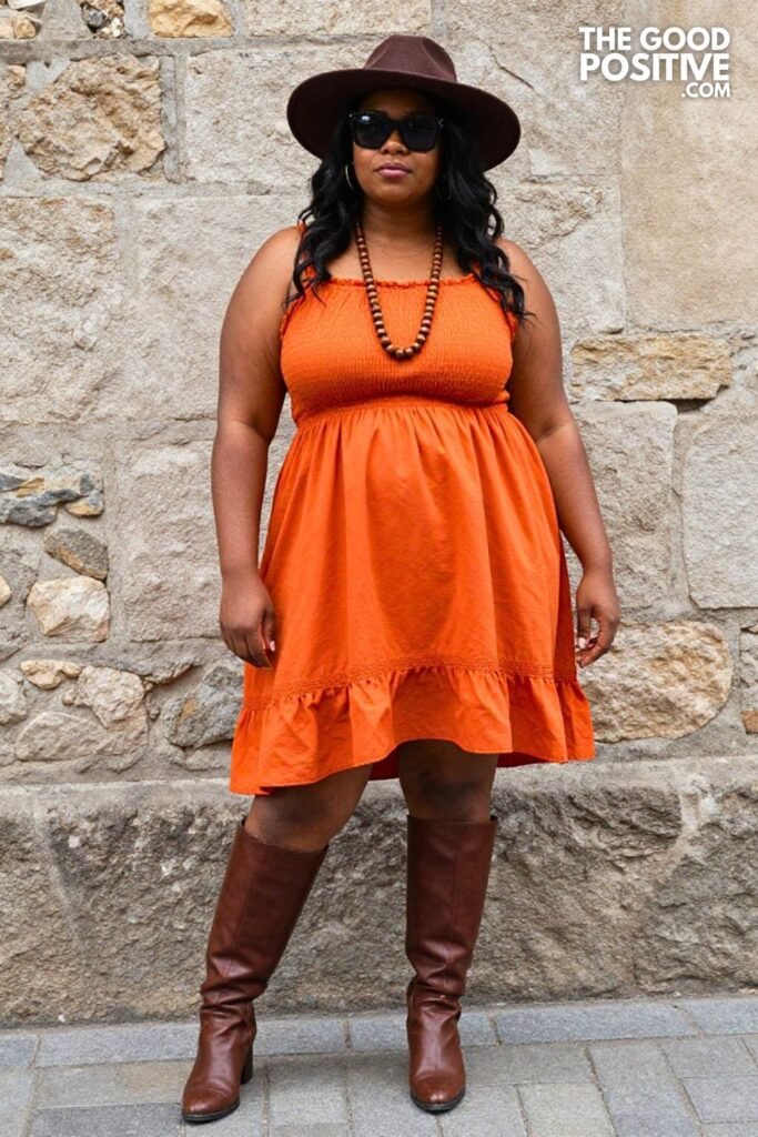 Plus Size Burnt Orange Peasant Dress With Wide Brim Hat And Boots Outfit