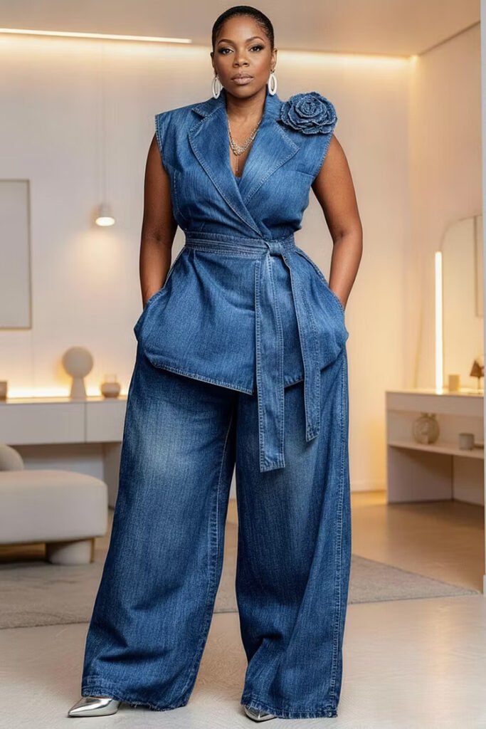 Plus Size Business Casual Blue Turndown Collar 3D Pocket Denim Two Piece Pant Set