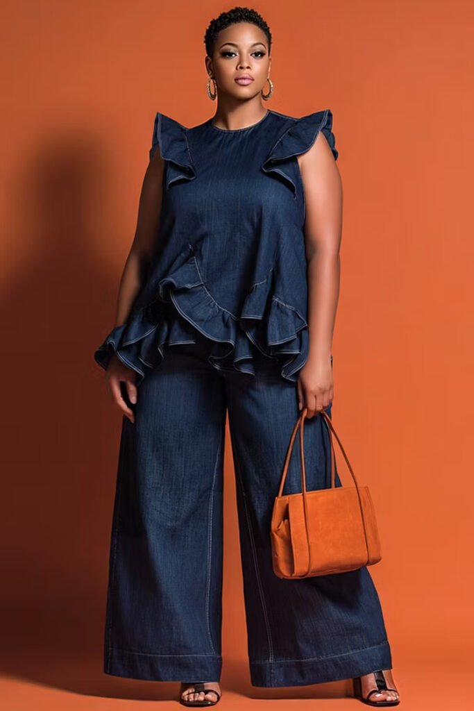 Plus Size Business Casual Casual Blue Round Neck Ruffle Wide Leg Tencel Denim Two Piece Pant Set
