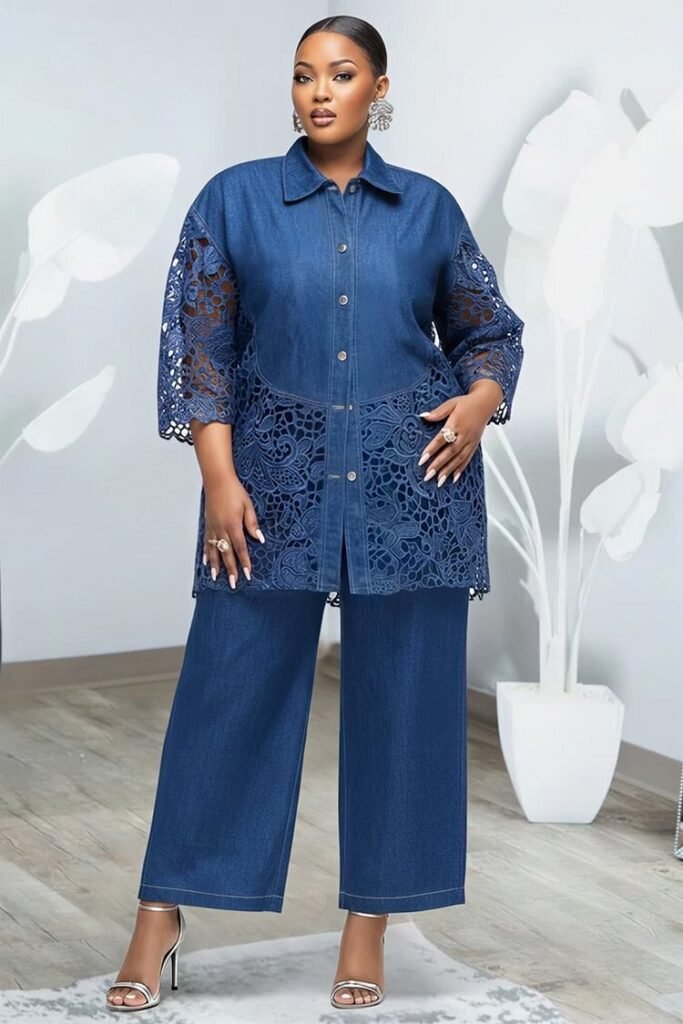 Plus Size Business Casual Lace Blue Shirt Collar 3_4 Sleeve Contrast Wide Leg Tencel Denim Two Piece Pant Set