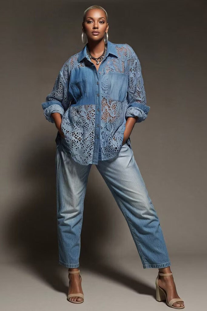 Plus Size Business Casual Lace Light Blue Shirt Collar 3_4 Sleeve Contrast Tencel Denim Blouse