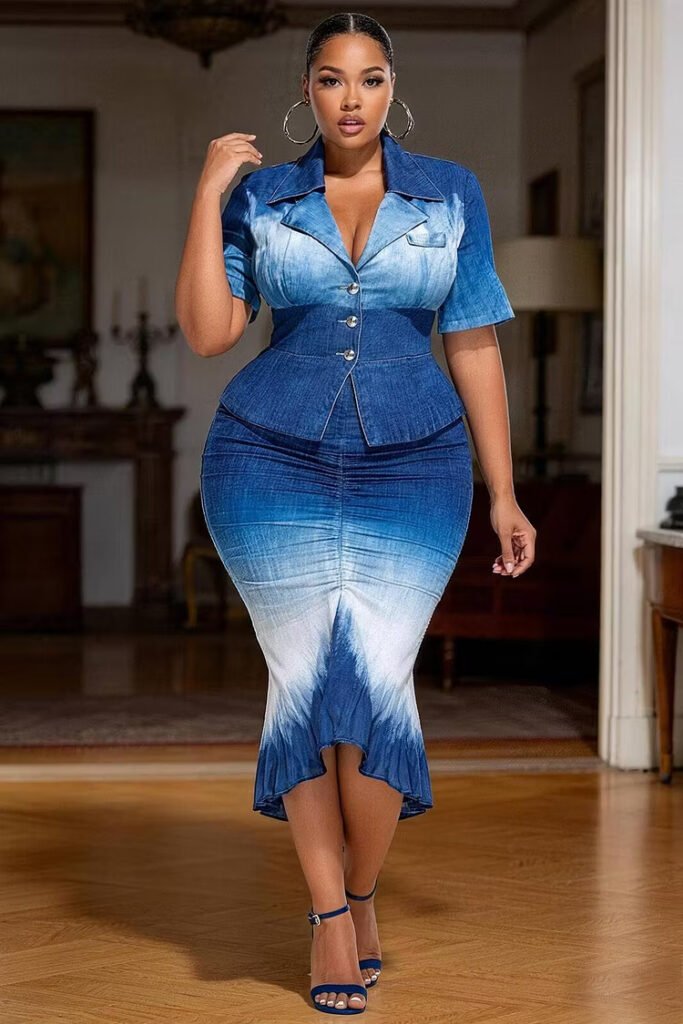 Plus Size Business Casual Light Blue Gradient Turndown Collar Short Sleeve Bodycon Mermaid Denim Two Piece Skirt Set