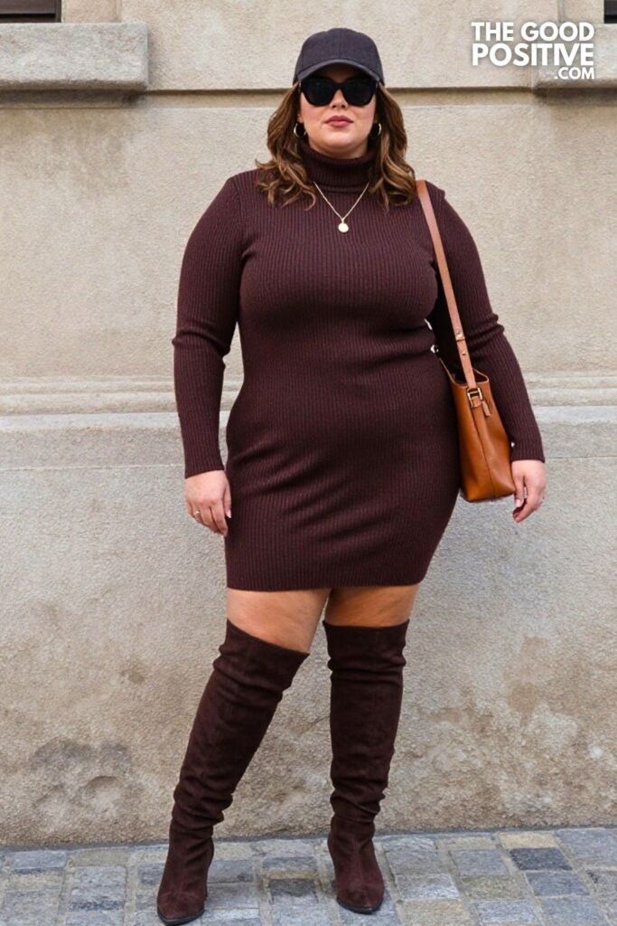 Plus Size Chocolate Turtleneck Dress With Over-The-Knee Boots Outfit