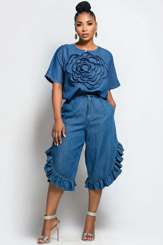 Plus Size Daily Blue Round Neck Short Sleeve Ruffle 3D Tencel Denim Two Piece Short Set