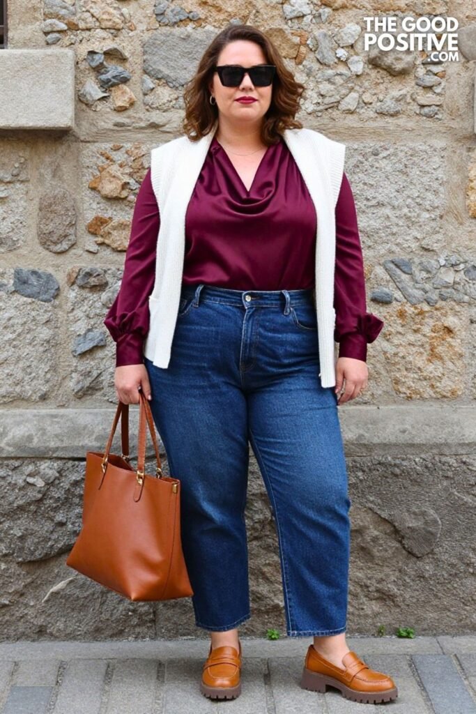 Plus Size Dark-Wash Barrel-Leg Denim With Draped Satin Blouse and Longline Vest Outfit