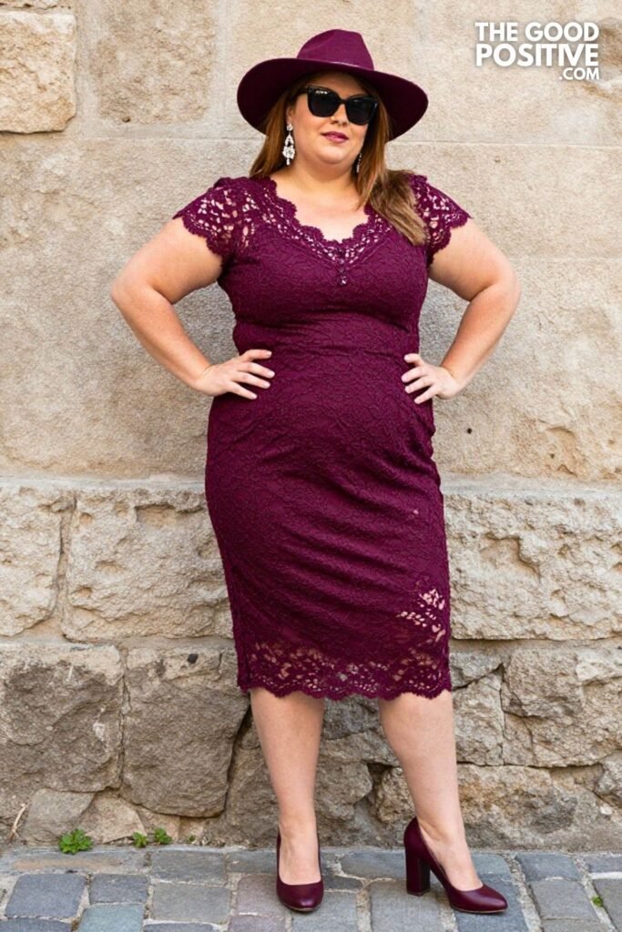 Plus Size Deep Plum Lace Midi Dress With Block Heels Outfit